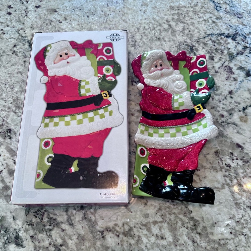 Fitz and Floyd Santa Claus Ceramic elongated tray with box